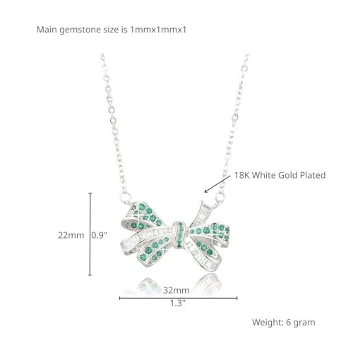 RIZILIA 18K White Gold Plated Cubic Zirconia Bow Pendant Necklace for Women | Elegant Diamond-Cut CZ Gemstone Jewelry | Trendy Bow Design, Gift for Her (Multiple Colors Available)