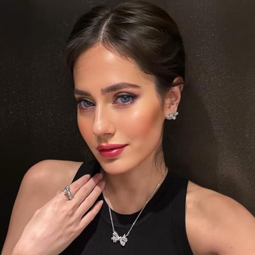 RIZILIA 18K White Gold Plated Cubic Zirconia Bow Pendant Necklace for Women | Elegant Diamond-Cut CZ Gemstone Jewelry | Trendy Bow Design, Gift for Her (Multiple Colors Available)