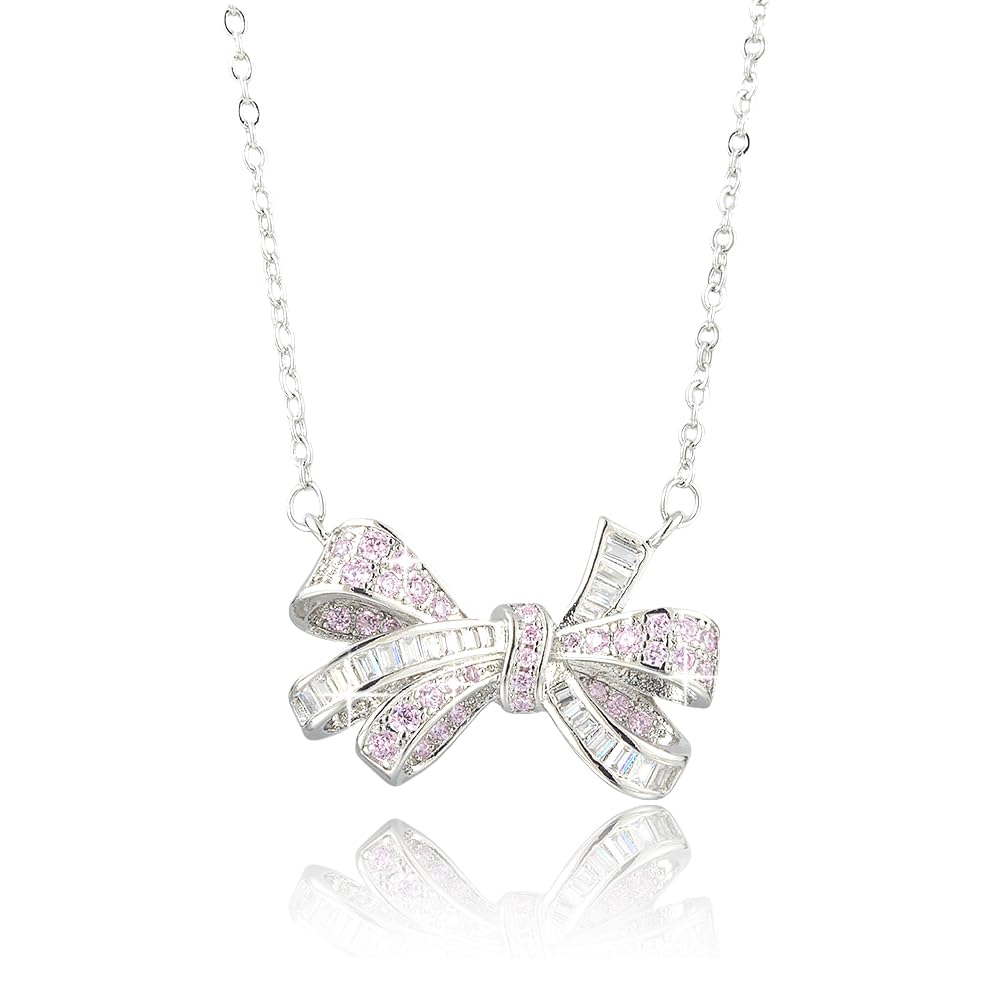 RIZILIA 18K White Gold Plated Cubic Zirconia Bow Pendant Necklace for Women | Elegant Diamond-Cut CZ Gemstone Jewelry | Trendy Bow Design, Gift for Her (Multiple Colors Available)