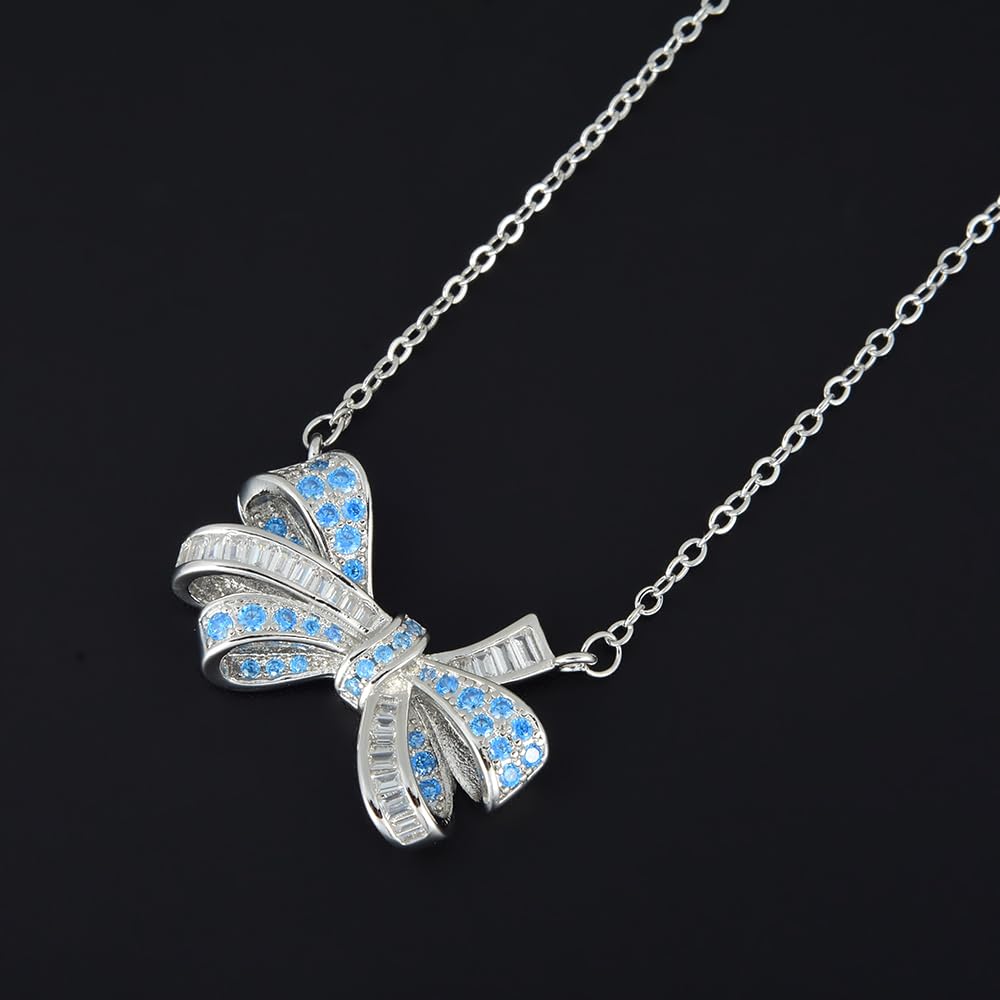 RIZILIA 18K White Gold Plated Cubic Zirconia Bow Pendant Necklace for Women | Elegant Diamond-Cut CZ Gemstone Jewelry | Trendy Bow Design, Gift for Her (Multiple Colors Available)
