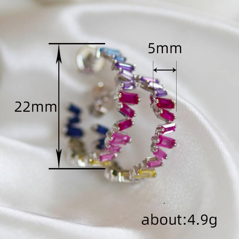 RIZILIA 18K White Gold Plated Hoop Earrings for Women, Baguette Cut Multi Colors CZ Simulated Sapphire, Gemstone Colorful Hoop Earrings, Trendy Jewelry Gift for Women, 22mm