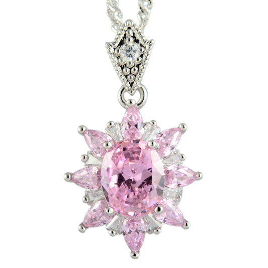 RIZILIA Oval CubicZirconia 18K White Gold Plated Flower Pendant Necklace Curb Chain