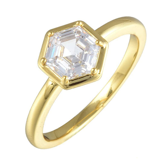 RIZILIA BEEHIVE Hexagon Solitaire Ring with Custom-Cut 1CT (6mm) Gemstone CZ in 18K Yellow Gold Plated