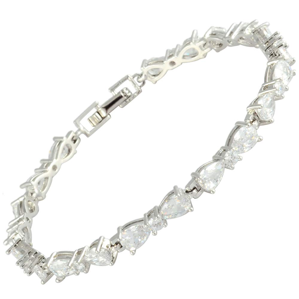 RIZILIA Women Pear White Cubic Zirconia CZ 18K Gold Plated Flower Tennis Bracelet Chain