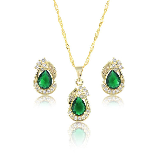 RIZILIA Jewelry Set for Women - Pear Cut Multiple Birthstone Colors Available - Yellow Gold Plated Pendant Necklace with 18 Inch Chain + 2 inch Extension and Stud Earrings
