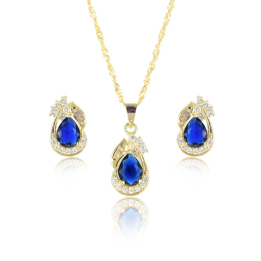 RIZILIA Jewelry Set for Women - Pear Cut Multiple Birthstone Colors Available - Yellow Gold Plated Pendant Necklace with 18 Inch Chain + 2 inch Extension and Stud Earrings