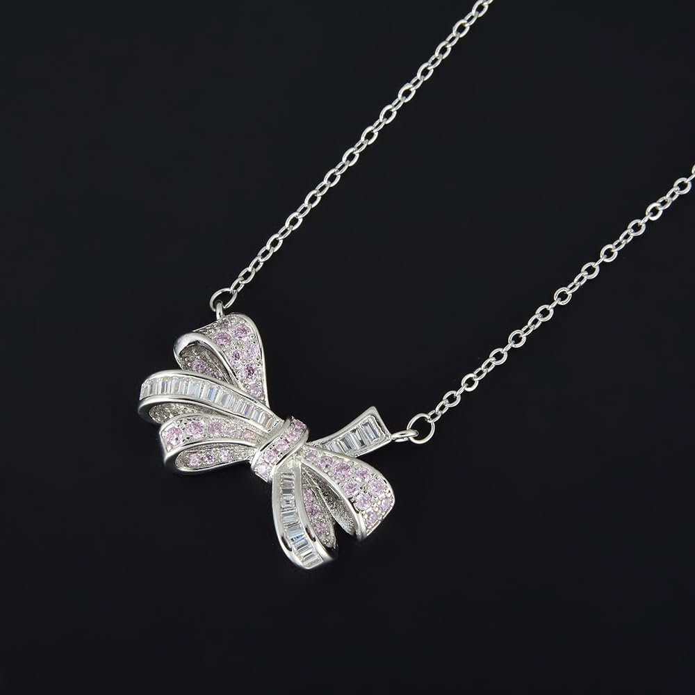 RIZILIA 18K White Gold Plated Cubic Zirconia Bow Pendant Necklace for Women | Elegant Diamond-Cut CZ Gemstone Jewelry | Trendy Bow Design, Gift for Her (Multiple Colors Available)