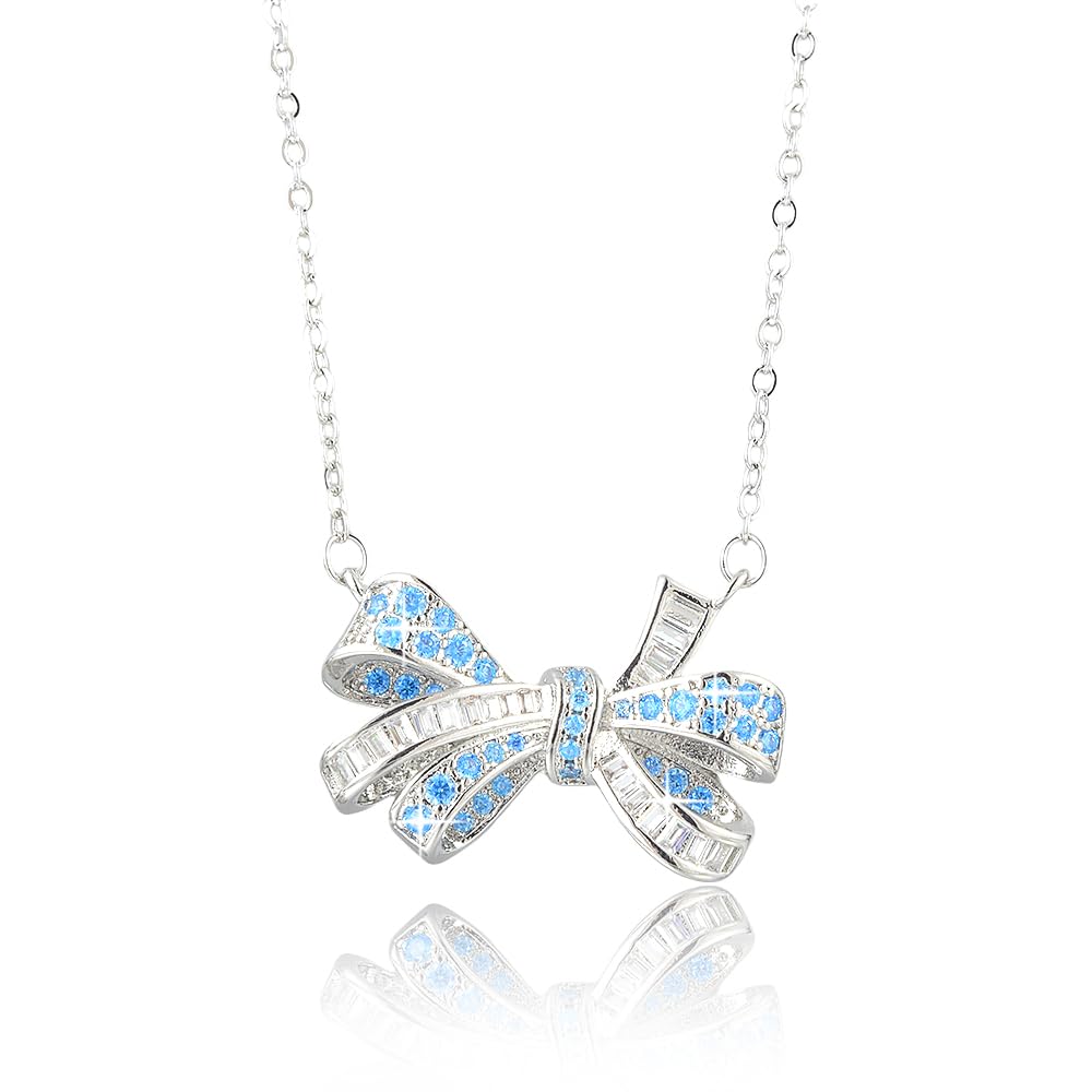 RIZILIA 18K White Gold Plated Cubic Zirconia Bow Pendant Necklace for Women | Elegant Diamond-Cut CZ Gemstone Jewelry | Trendy Bow Design, Gift for Her (Multiple Colors Available)