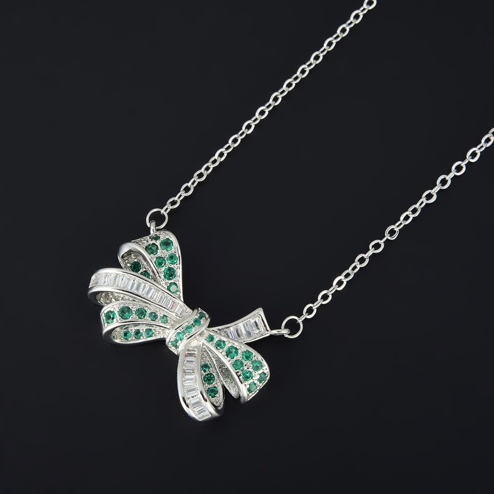 RIZILIA 18K White Gold Plated Cubic Zirconia Bow Pendant Necklace for Women | Elegant Diamond-Cut CZ Gemstone Jewelry | Trendy Bow Design, Gift for Her (Multiple Colors Available)