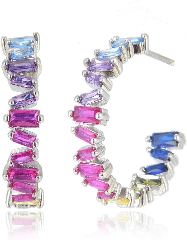 RIZILIA 18K White Gold Plated Hoop Earrings for Women, Baguette Cut Multi Colors CZ Simulated Sapphire, Gemstone Colorful Hoop Earrings, Trendy Jewelry Gift for Women, 22mm