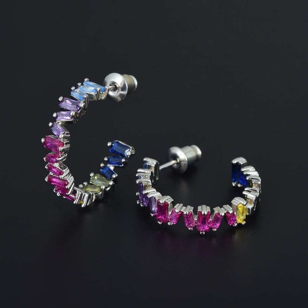 RIZILIA 18K White Gold Plated Hoop Earrings for Women, Baguette Cut Multi Colors CZ Simulated Sapphire, Gemstone Colorful Hoop Earrings, Trendy Jewelry Gift for Women, 22mm