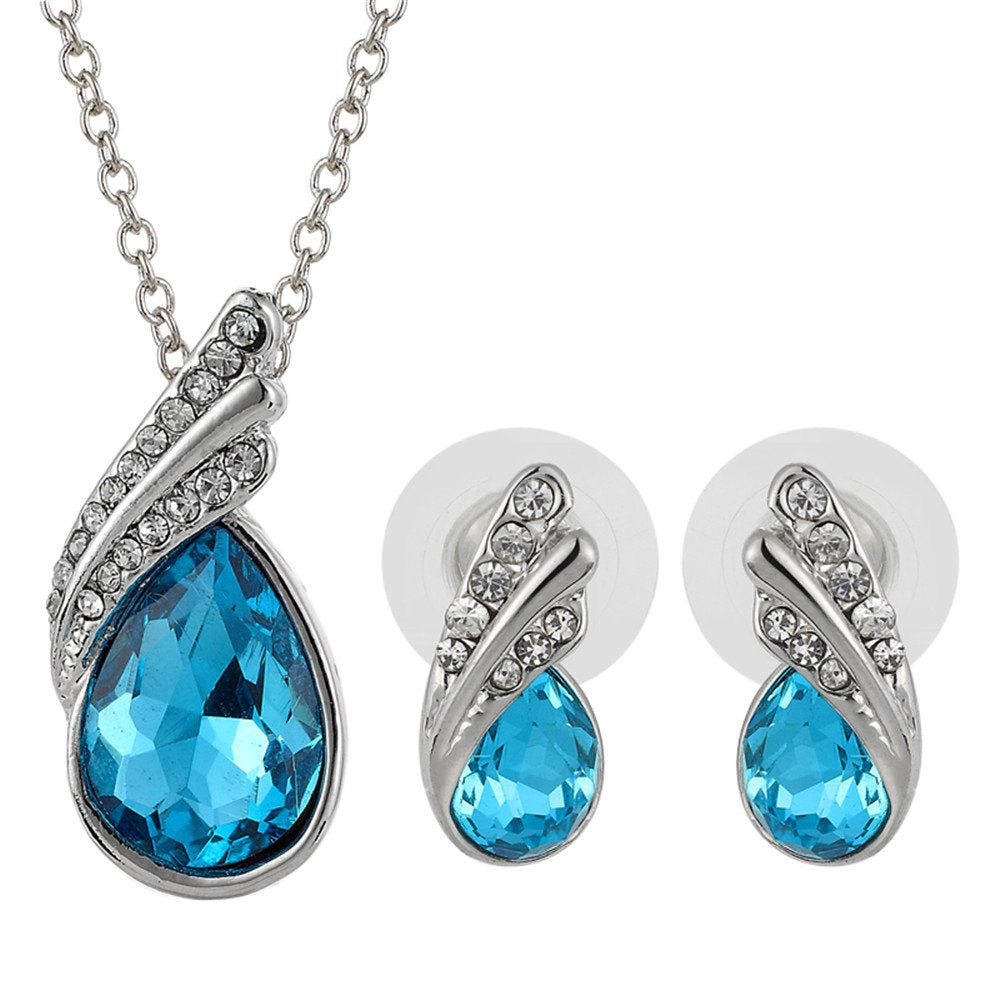 RIZILIA TEARDROP Jewelry Set Pendant with 17" Chain & Stud Earrings Pear Cut Austrian Crystal in White Gold Plated