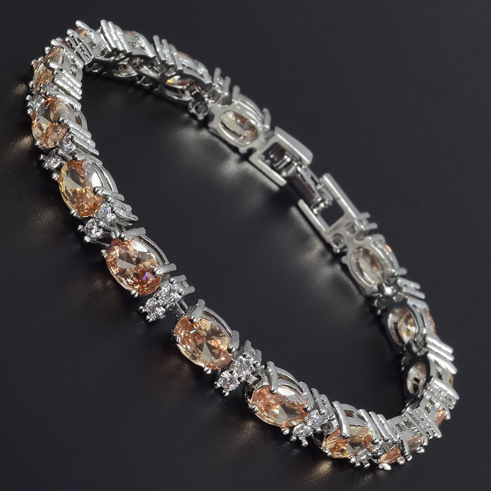 RIZILIA Oval Cut Multi-Color CZ Birthstone 18K White Gold Plated Tennis Bracelet, 7"