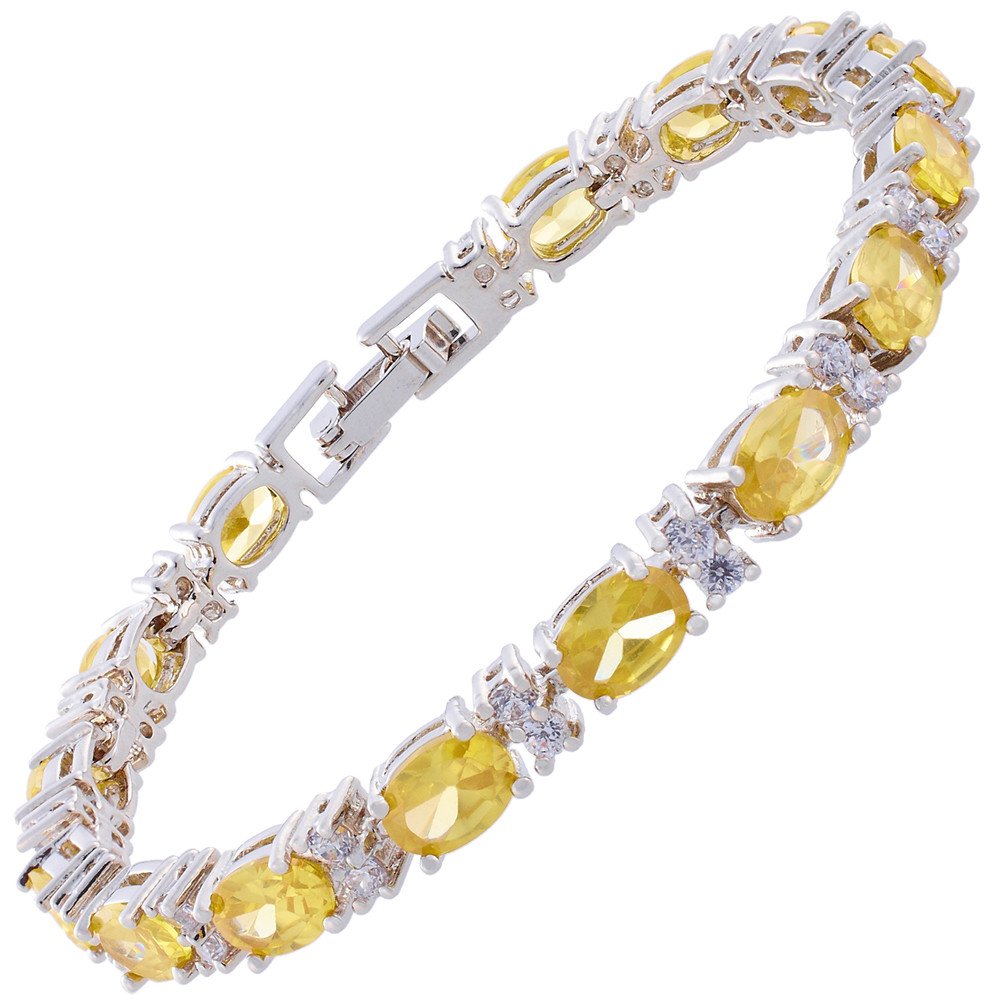 RIZILIA Oval Cut Multi-Color CZ Birthstone 18K White Gold Plated Tennis Bracelet, 7"