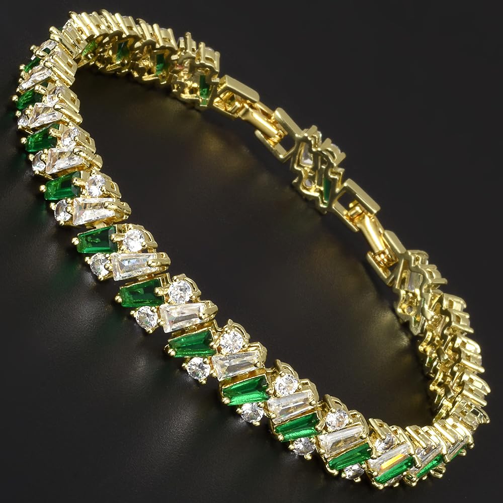 RIZILIA Prism Tennis Bracelet for Women with Tapered Baguette Cut CZ Simulated Diamond Multi Colors Birthstone in 14K Yellow Gold Plated, 7 + 1 inch Bracelet Extender