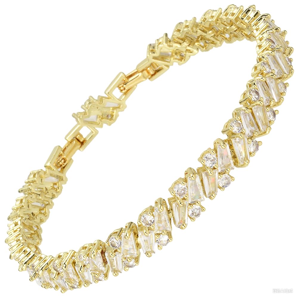 RIZILIA Prism Tennis Bracelet for Women with Tapered Baguette Cut CZ Simulated Diamond Multi Colors Birthstone in 14K Yellow Gold Plated, 7 + 1 inch Bracelet Extender
