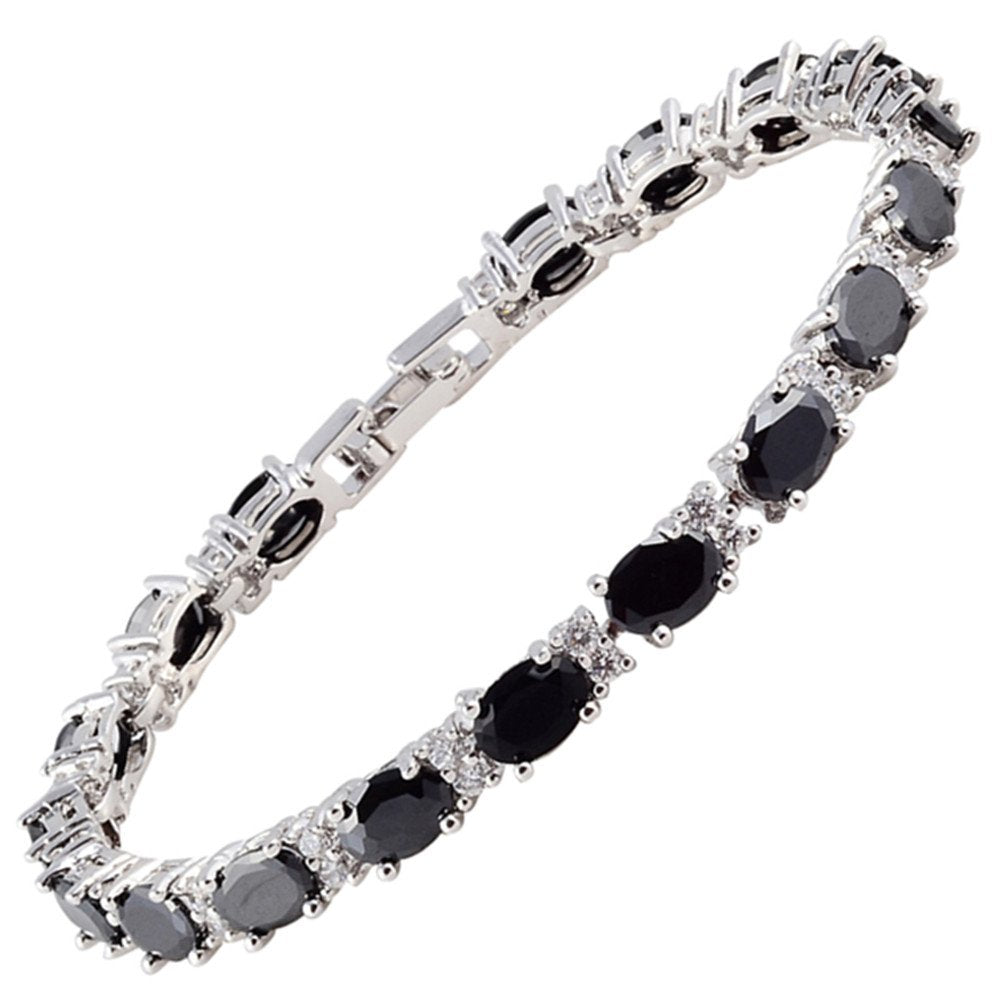 RIZILIA Oval Cut Multi-Color CZ Birthstone 18K White Gold Plated Tennis Bracelet, 7"