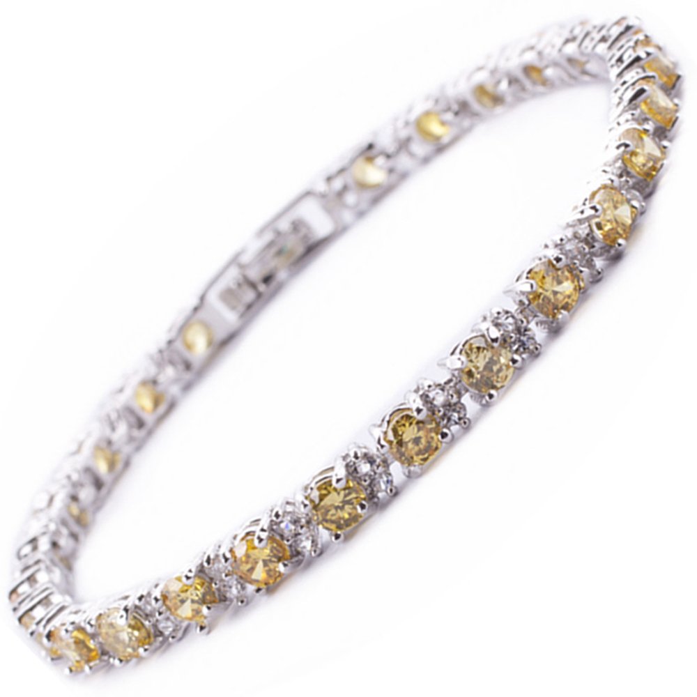 RIZILIA Round Multi-Color CZ Birthstone White Gold Plated Tennis Bracelet, 7"