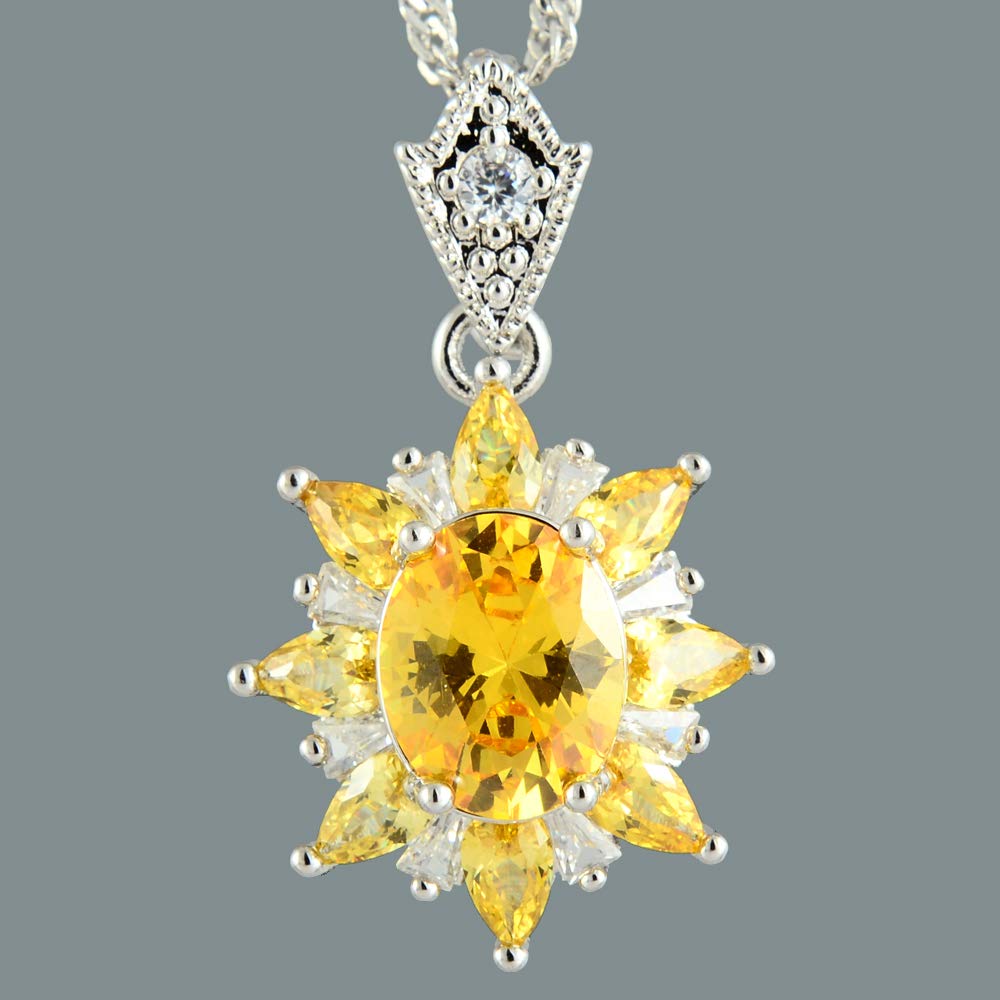 RIZILIA Oval CubicZirconia 18K White Gold Plated Flower Pendant Necklace Curb Chain