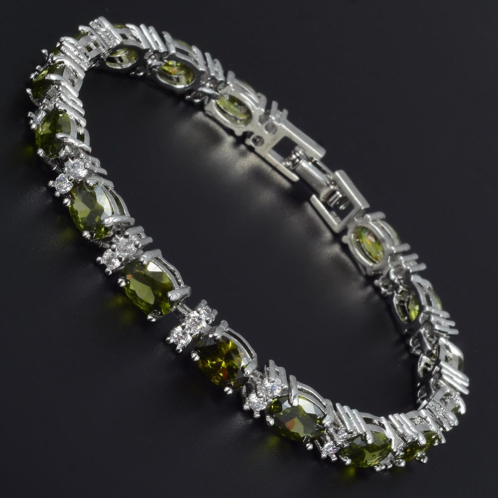 RIZILIA Oval Cut Multi-Color CZ Birthstone 18K White Gold Plated Tennis Bracelet, 7"