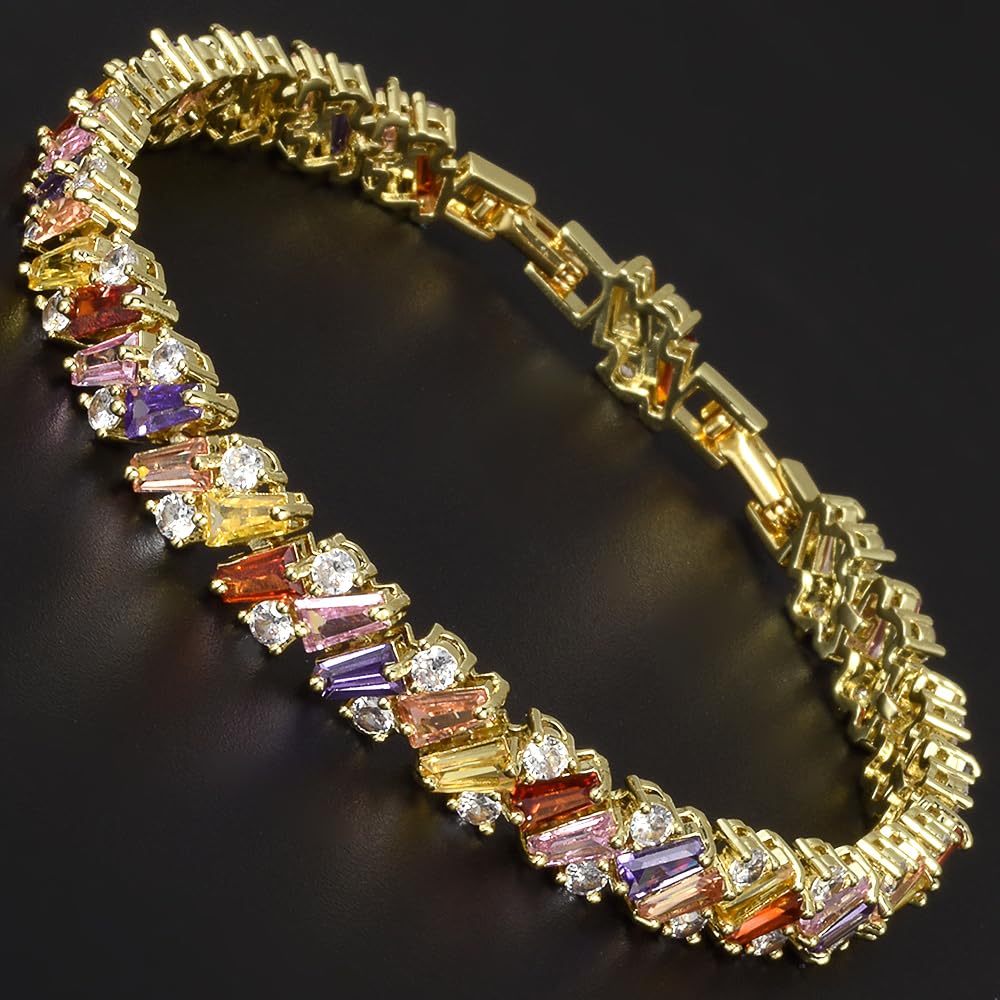 RIZILIA Prism Tennis Bracelet for Women with Tapered Baguette Cut CZ Simulated Diamond Multi Colors Birthstone in 14K Yellow Gold Plated, 7 + 1 inch Bracelet Extender