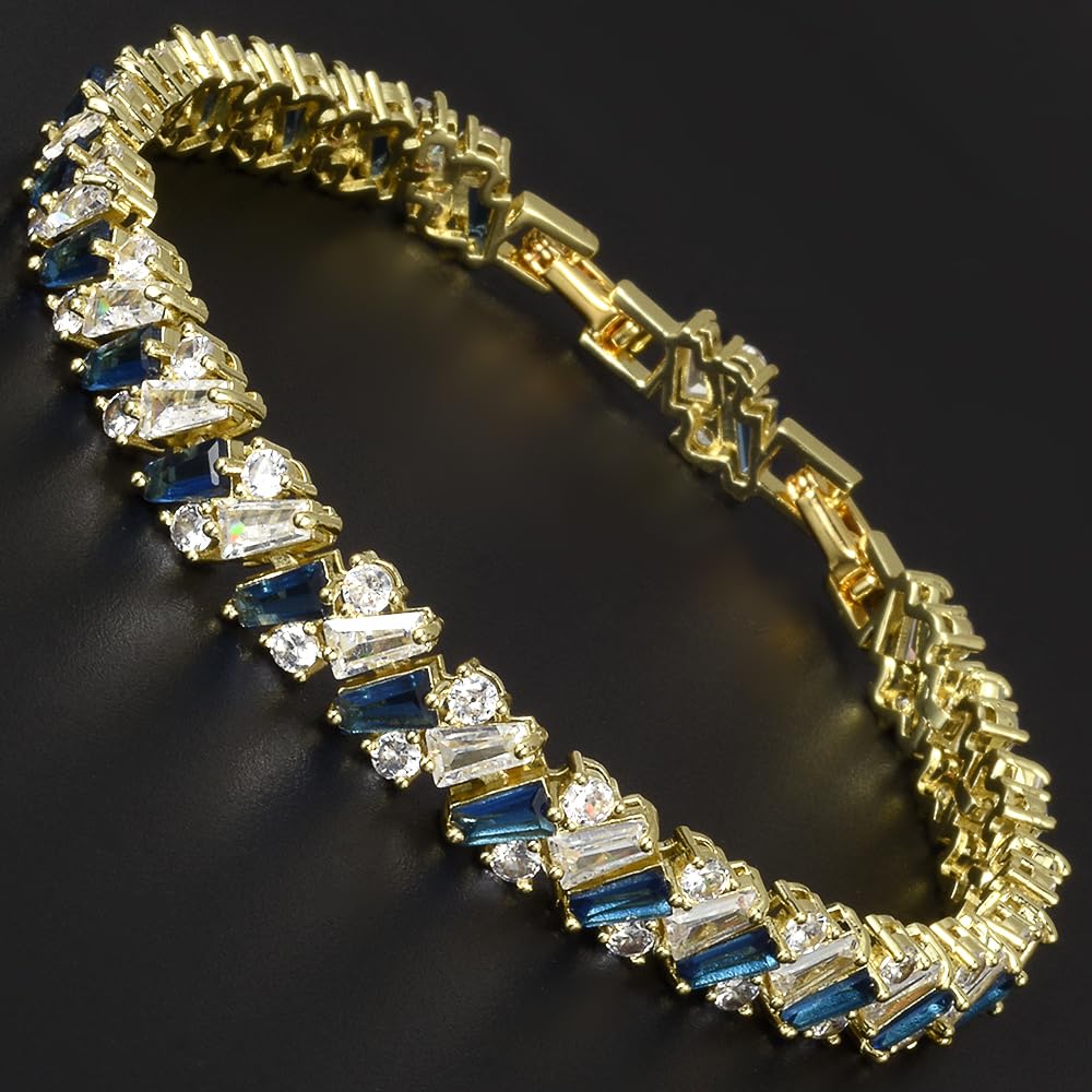 RIZILIA Prism Tennis Bracelet for Women with Tapered Baguette Cut CZ Simulated Diamond Multi Colors Birthstone in 14K Yellow Gold Plated, 7 + 1 inch Bracelet Extender