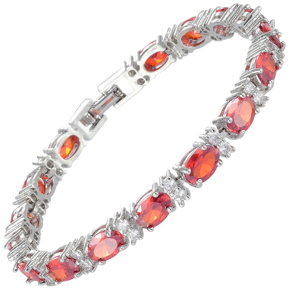 RIZILIA Oval Cut Multi-Color CZ Birthstone 18K White Gold Plated Tennis Bracelet, 7"