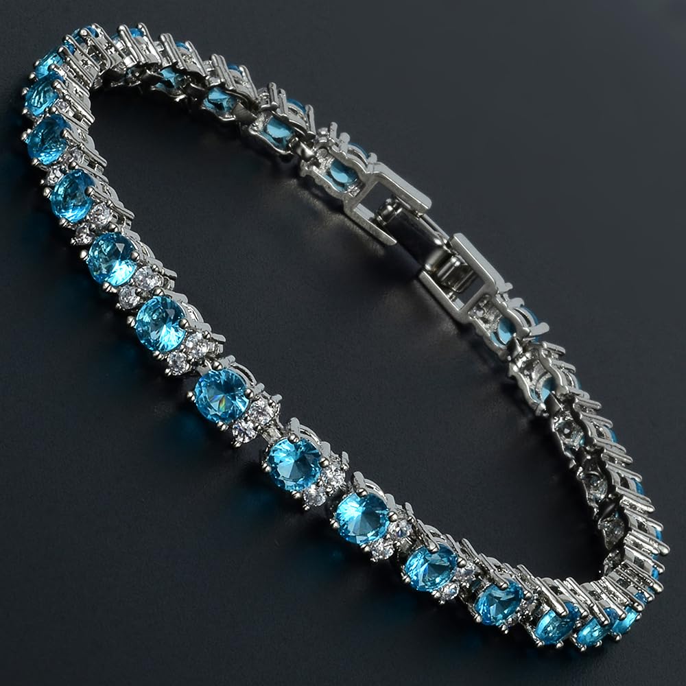 RIZILIA Round Multi-Color CZ Birthstone White Gold Plated Tennis Bracelet, 7"