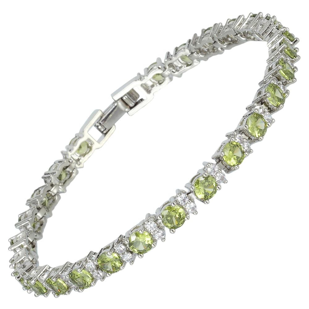 RIZILIA Round Multi-Color CZ Birthstone White Gold Plated Tennis Bracelet, 7"