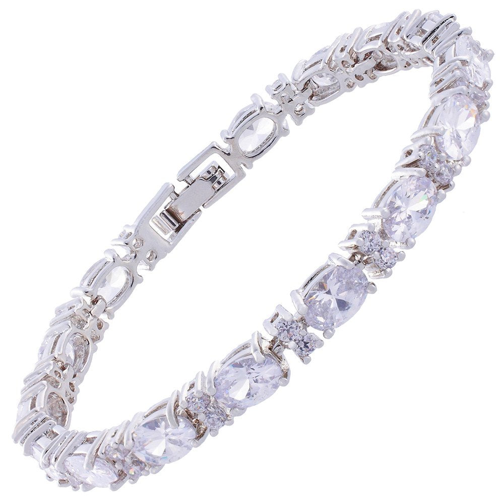 RIZILIA Oval Cut Multi-Color CZ Birthstone 18K White Gold Plated Tennis Bracelet, 7"