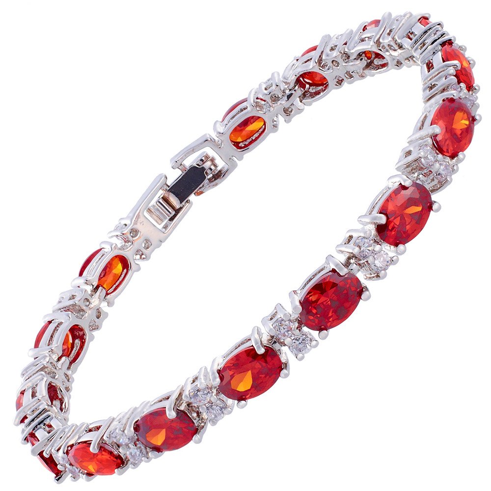 RIZILIA Oval Cut Multi-Color CZ Birthstone 18K White Gold Plated Tennis Bracelet, 7"