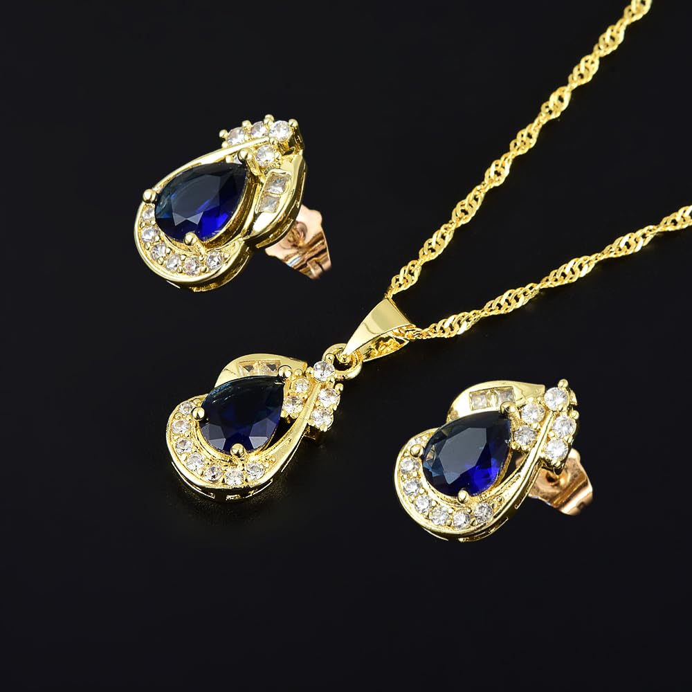 RIZILIA Jewelry Set for Women - Pear Cut Multiple Birthstone Colors Available - Yellow Gold Plated Pendant Necklace with 18 Inch Chain + 2 inch Extension and Stud Earrings