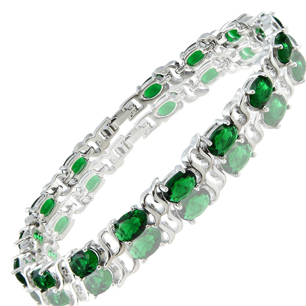 RIZILIA Oval Cut Multi-Color CZ 18K White Gold Plated Tennis Bracelet, 7"