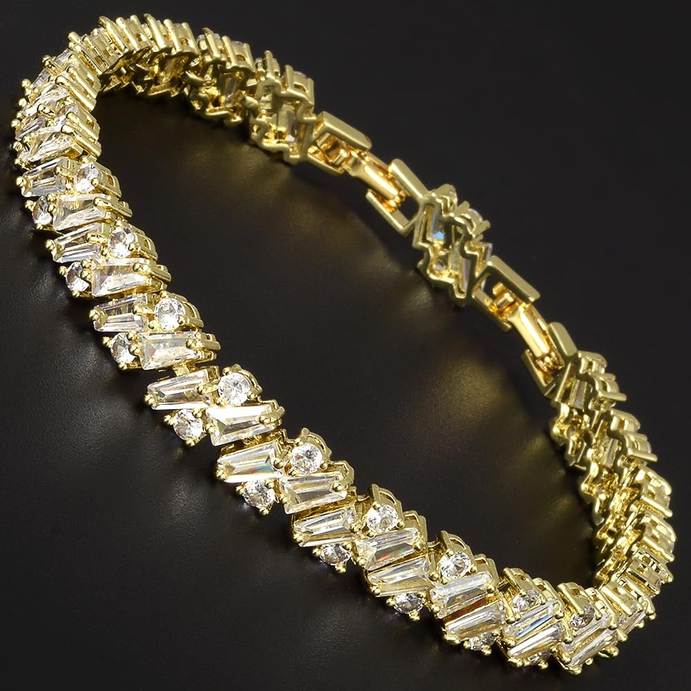 RIZILIA Prism Tennis Bracelet for Women with Tapered Baguette Cut CZ Simulated Diamond Multi Colors Birthstone in 14K Yellow Gold Plated, 7 + 1 inch Bracelet Extender