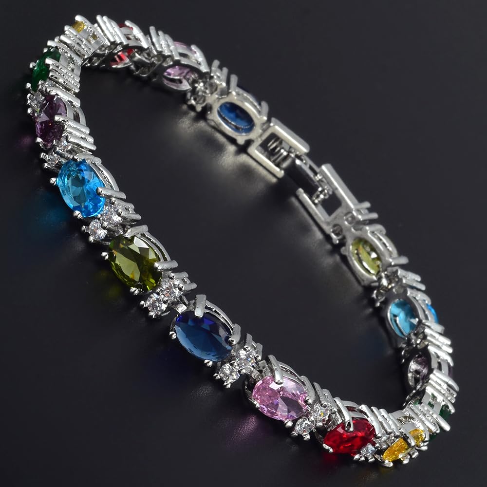 RIZILIA Oval Cut Multi-Color CZ Birthstone 18K White Gold Plated Tennis Bracelet, 7"