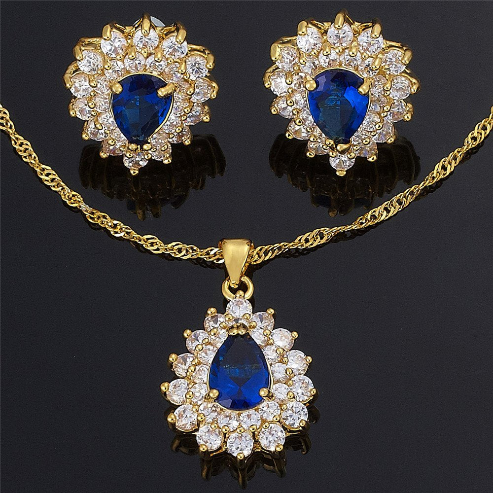 RIZILIA TEARDROP Jewelry Set Pendant with 18" Chain & Stud Earrings Pear Cut CZ in Yellow Gold Plated