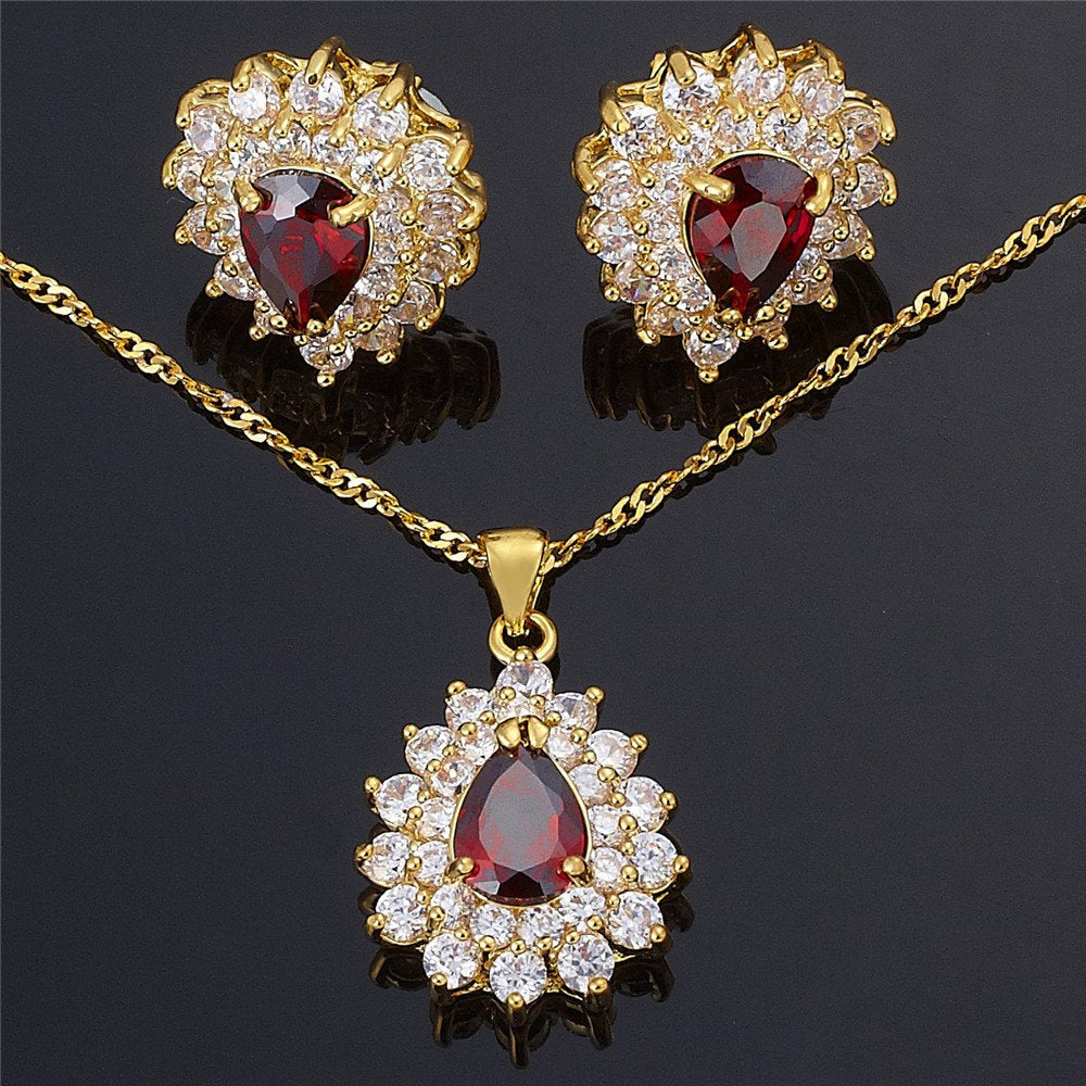 RIZILIA TEARDROP Jewelry Set Pendant with 18" Chain & Stud Earrings Pear Cut CZ in Yellow Gold Plated