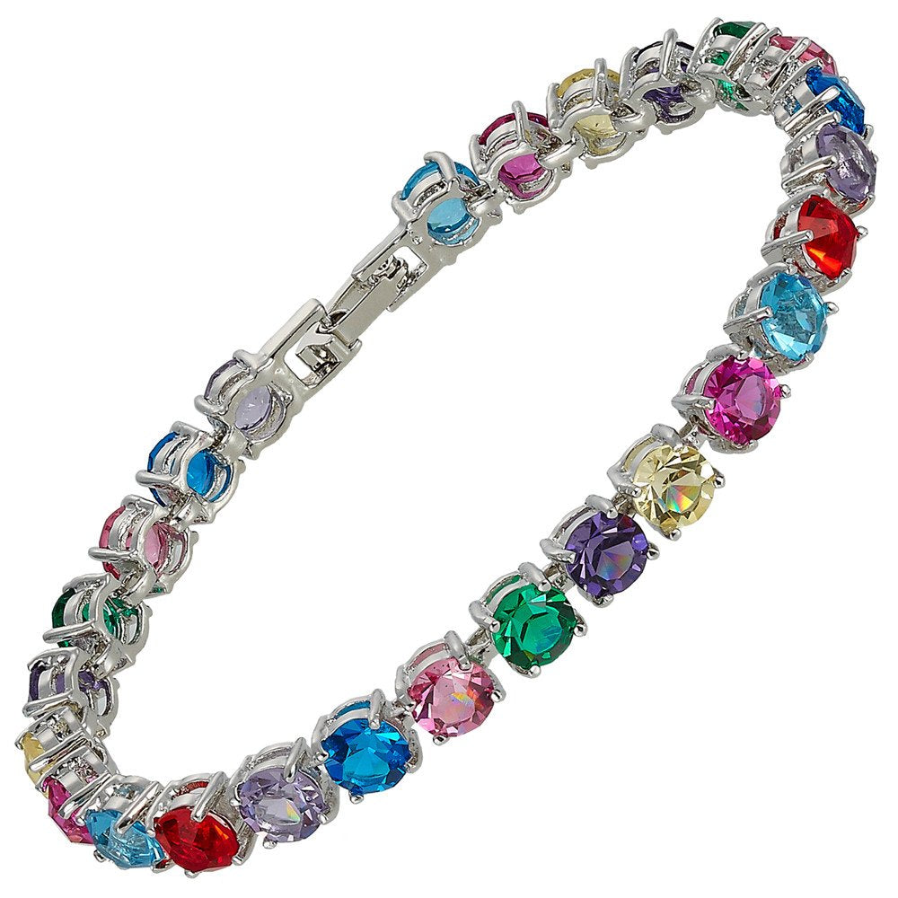 RIZILIA Round Cut Multi-Color CZ 18K Gold Plated Tennis Bracelet, 7"