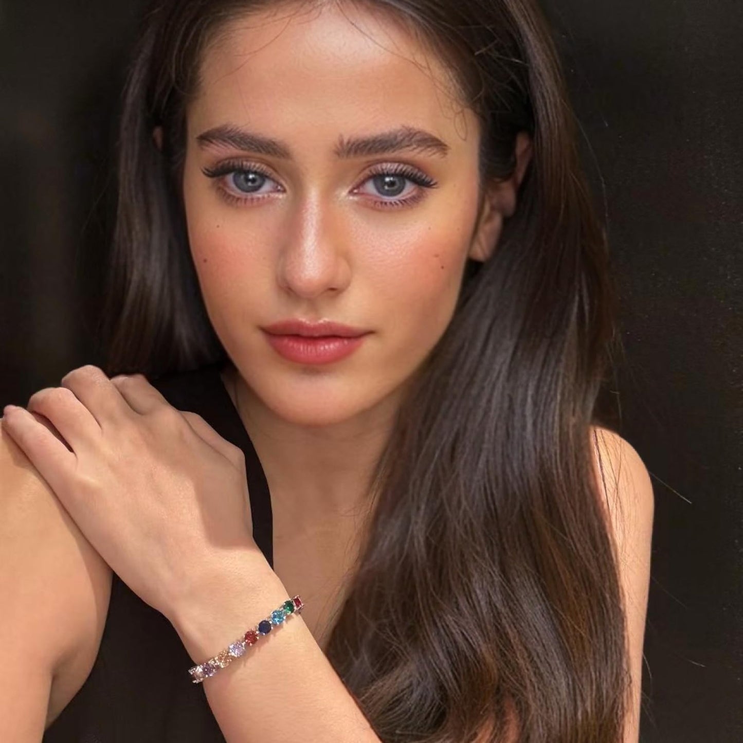 RIZILIA Round Cut Multi-Color CZ 18K Gold Plated Tennis Bracelet, 7"