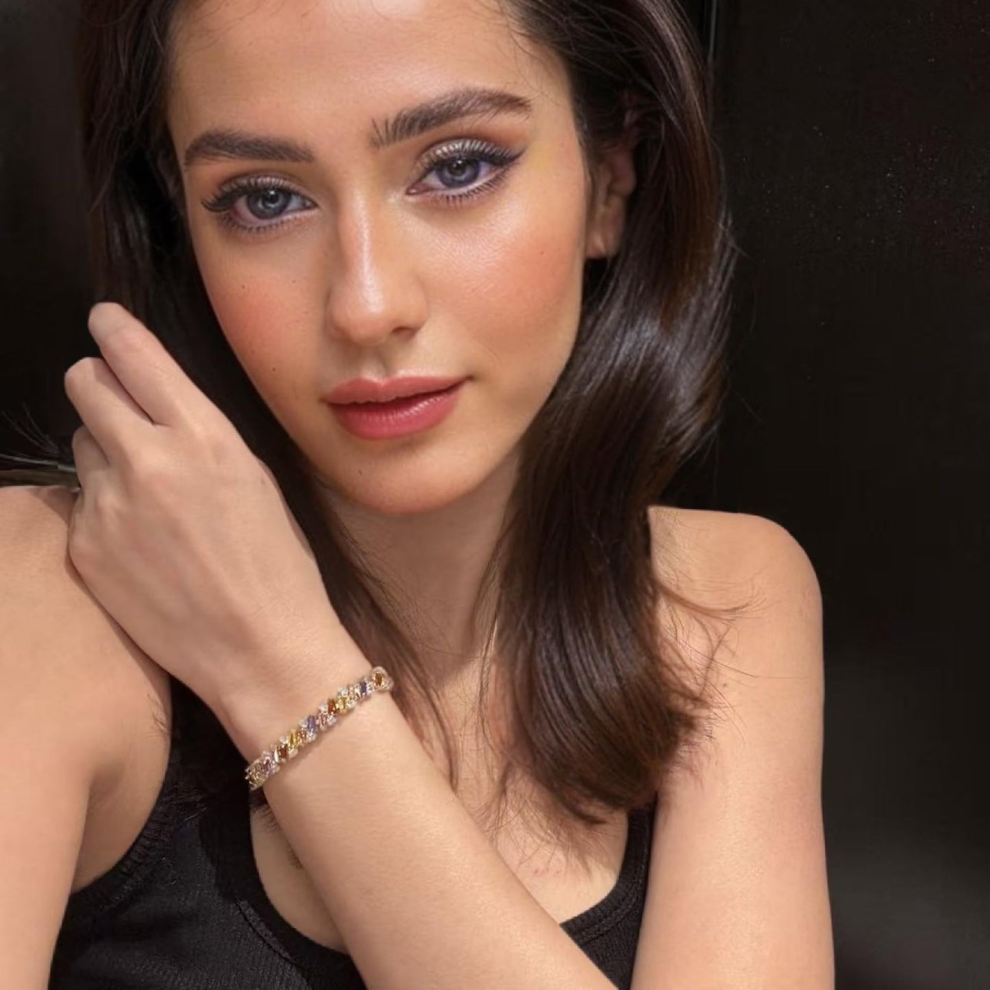 RIZILIA Prism Tennis Bracelet for Women with Tapered Baguette Cut CZ Simulated Diamond Multi Colors Birthstone in 14K Yellow Gold Plated, 7 + 1 inch Bracelet Extender