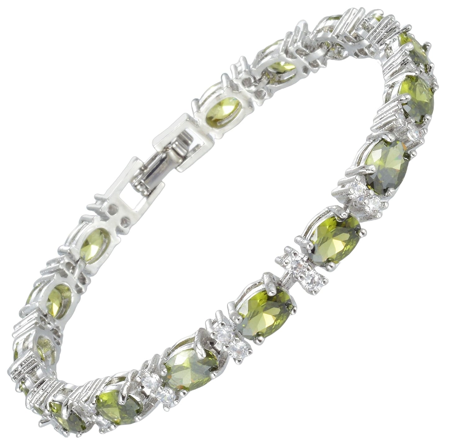 RIZILIA Oval Cut Multi-Color CZ Birthstone 18K White Gold Plated Tennis Bracelet, 7"