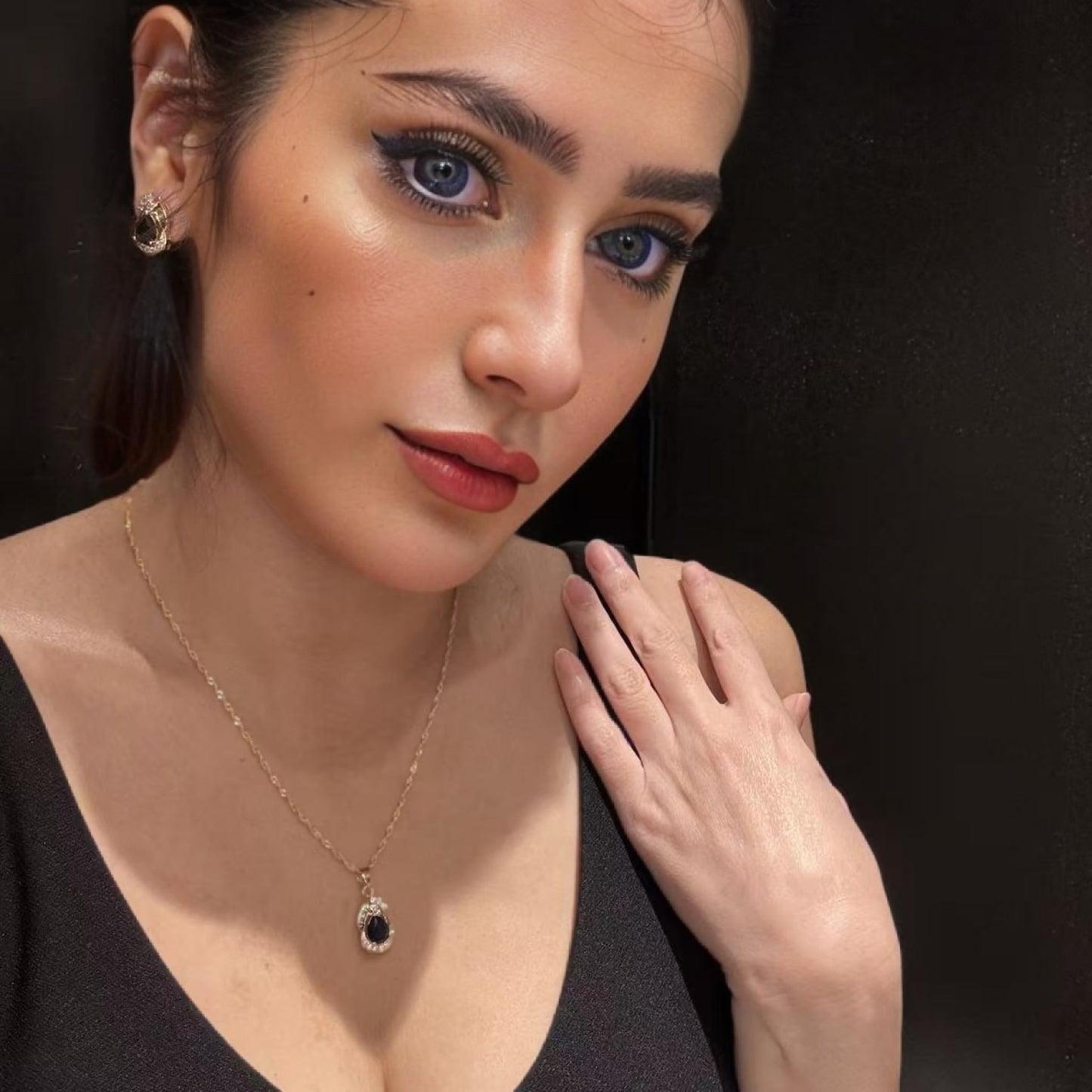 RIZILIA Jewelry Set for Women - Pear Cut Multiple Birthstone Colors Available - Yellow Gold Plated Pendant Necklace with 18 Inch Chain + 2 inch Extension and Stud Earrings