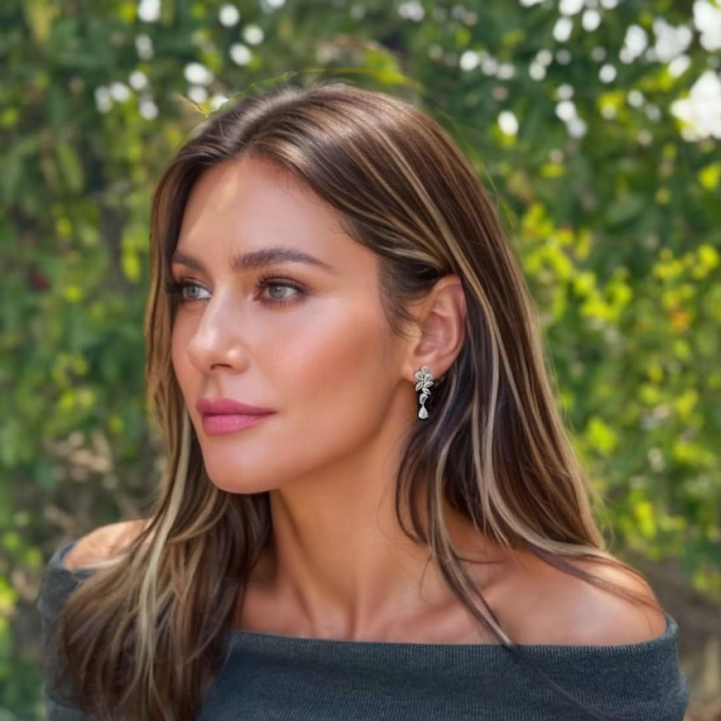 RIZILIA BLOSSOM 18K White Gold Plated Flower Earrings for Women, Lightweight Pierced CZ Floral Dangle Earrings, Trendy Jewelry Gift for Women