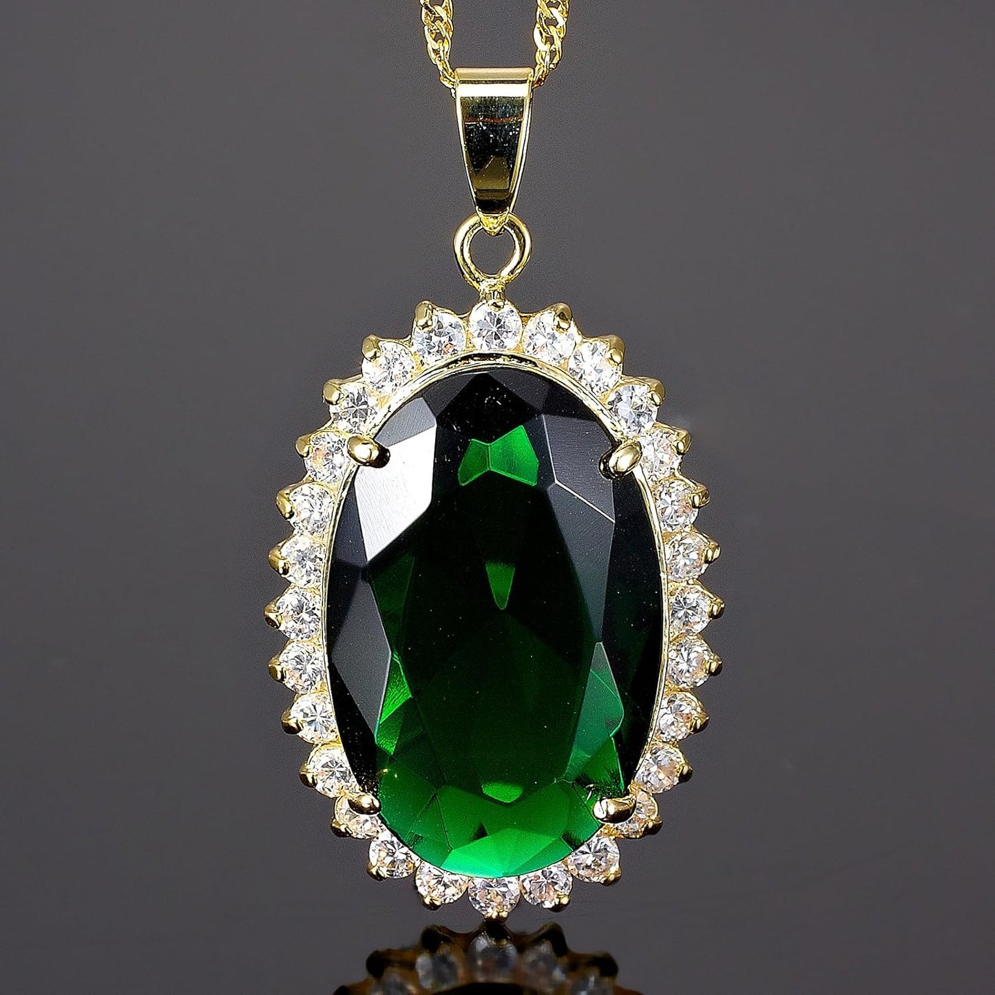 RIZILIA Lady Fashion Jewellry 1 Oval Cut Simulated Green Emerald Gem 18K Gold Plated Pendant Necklace