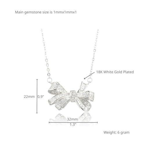 RIZILIA 18K White Gold Plated Cubic Zirconia Bow Pendant Necklace for Women | Elegant Diamond-Cut CZ Gemstone Jewelry | Trendy Bow Design, Gift for Her (Multiple Colors Available)