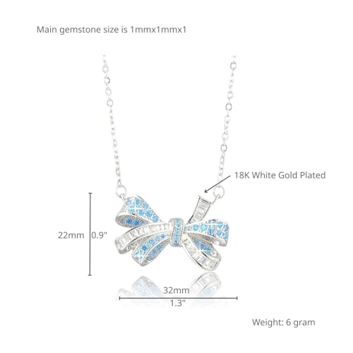 RIZILIA 18K White Gold Plated Cubic Zirconia Bow Pendant Necklace for Women | Elegant Diamond-Cut CZ Gemstone Jewelry | Trendy Bow Design, Gift for Her (Multiple Colors Available)