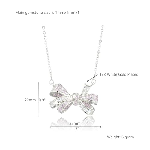RIZILIA 18K White Gold Plated Cubic Zirconia Bow Pendant Necklace for Women | Elegant Diamond-Cut CZ Gemstone Jewelry | Trendy Bow Design, Gift for Her (Multiple Colors Available)