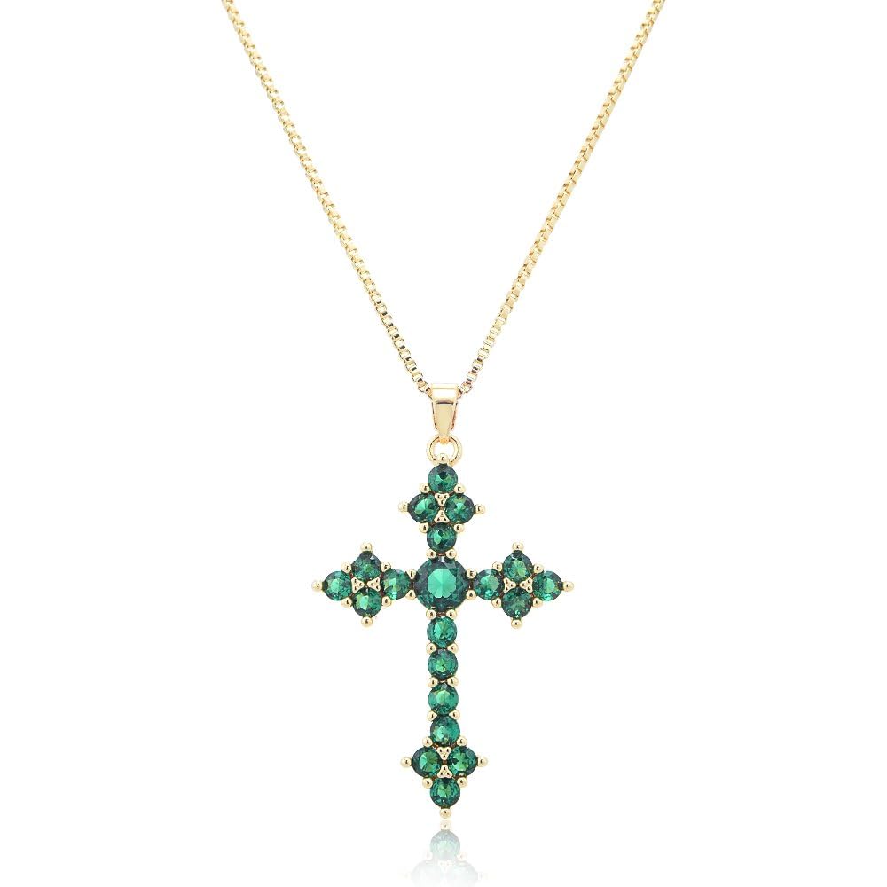 RIZILIA 18K Yellow Gold Plated Women's Cross Necklace, Round Cut CZ [Multiple Colors Available] Cross Pendant Necklace for Women, Trendy Jewelry Gift for Women