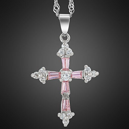 RIZILIA Cross Pendant with 18" Chain & Trapezoid Round Cut CZ [Multi-color] in White Gold Plated, Simple Modern Elegant