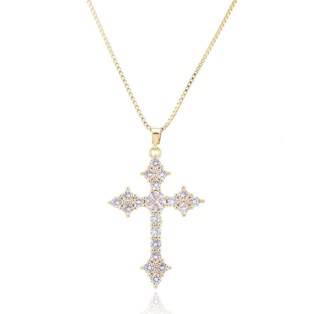 RIZILIA 18K Yellow Gold Plated Women's Cross Necklace, Round Cut CZ [Multiple Colors Available] Cross Pendant Necklace for Women, Trendy Jewelry Gift for Women